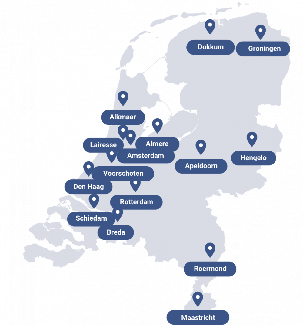 Kaart met daarop alle locaties van DC Klinieken